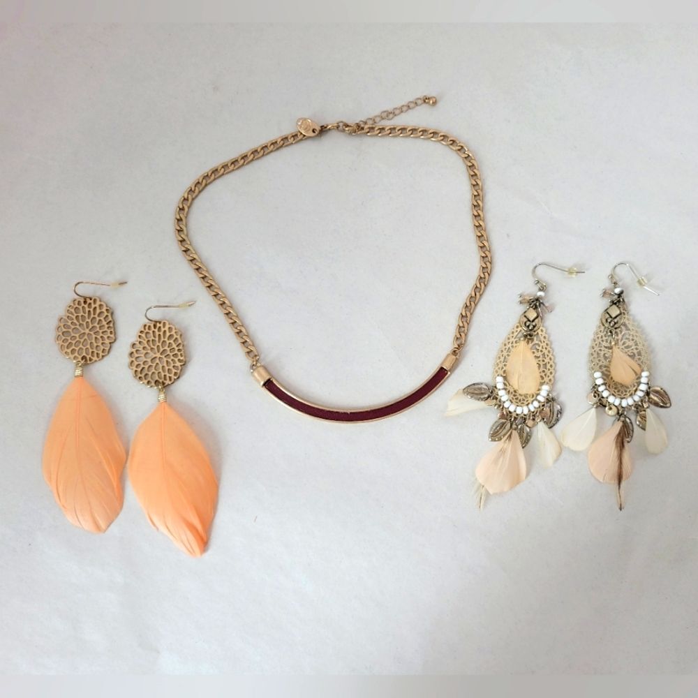 Necklace And Earring Set Pink Feather Boho Gypsy Hippie Y2K Kitschy Eclectic